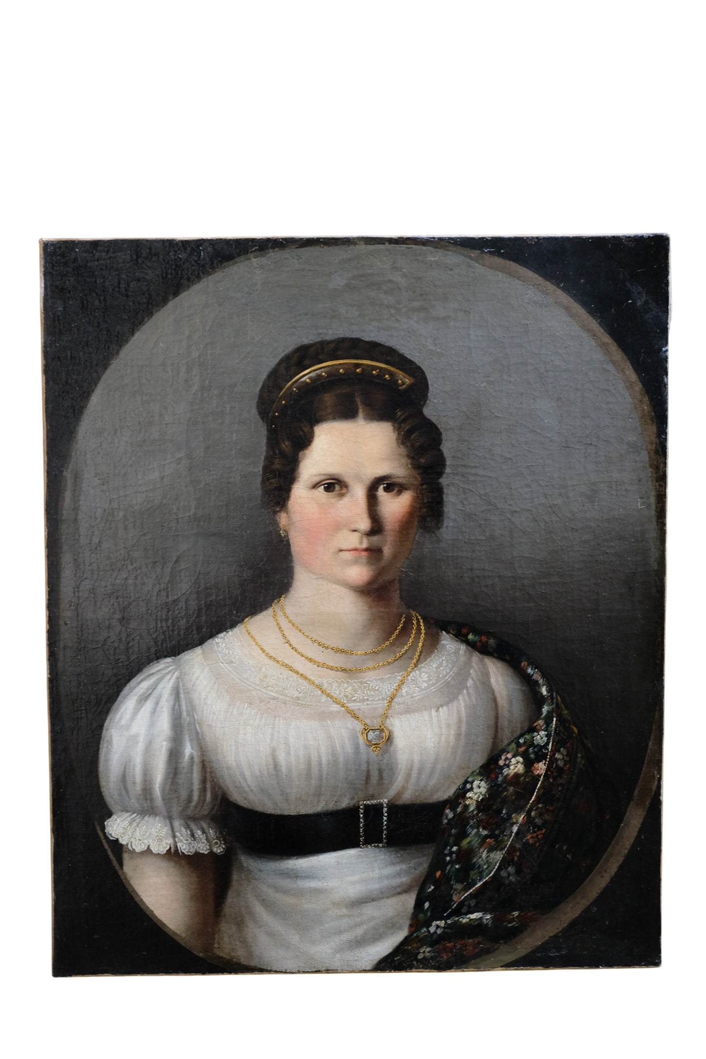 Austrian or Central European School, Portrait of a Lady in White Dress with Floral Shawl and Long Chain with Pendant, ca. 1825–1835