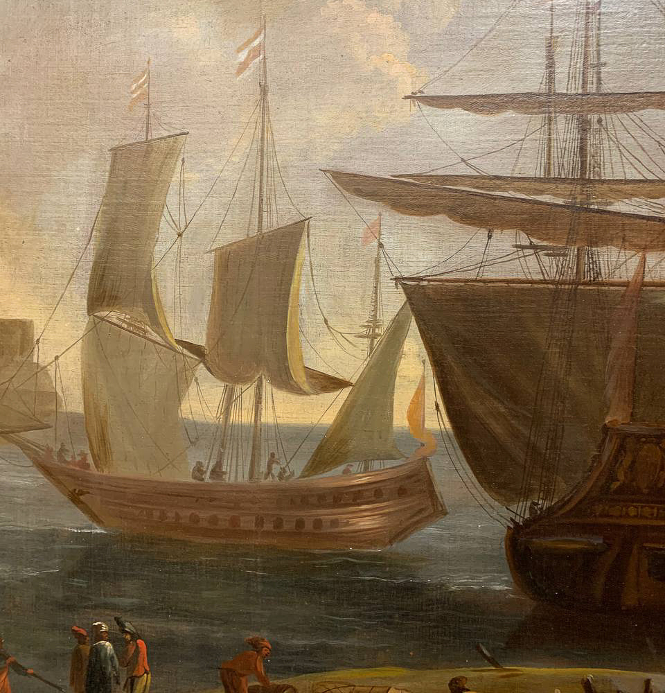 Large Marine painting with Ships in the port.  1690-1720 circa. Cm 110x 118