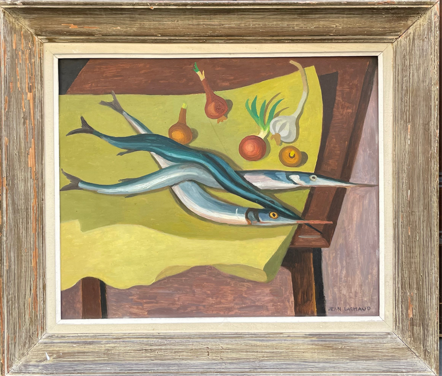 Still life with needlefish, Jean Lachaud, Breton painter from Quimper.