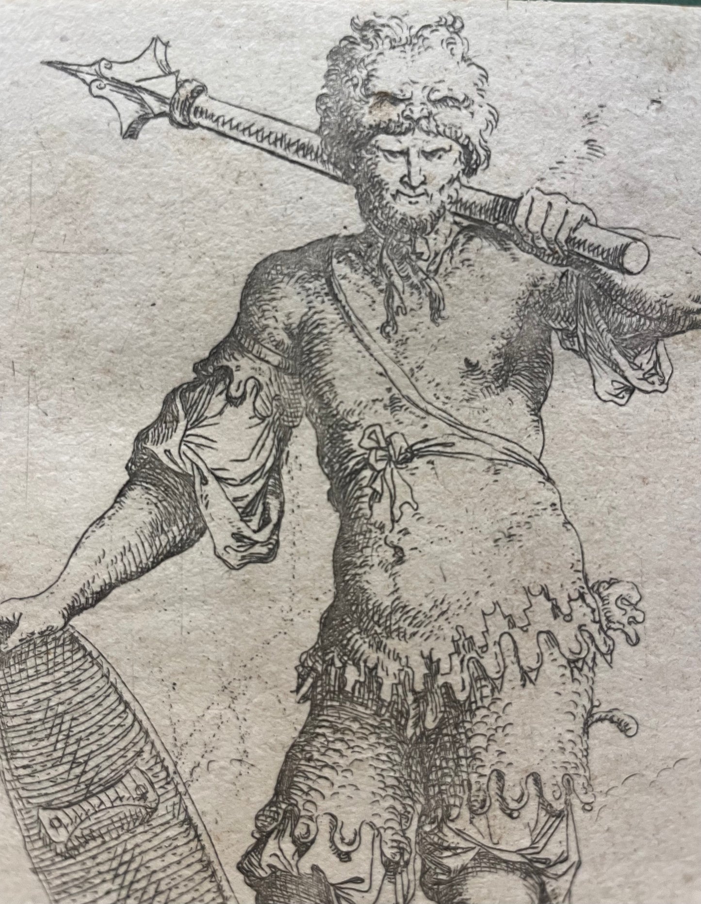 Salvator Rosa (Naples, 1615 – Rome, 1673). Warrior with Mace and Shield. Engraving, circa 1650–1652.