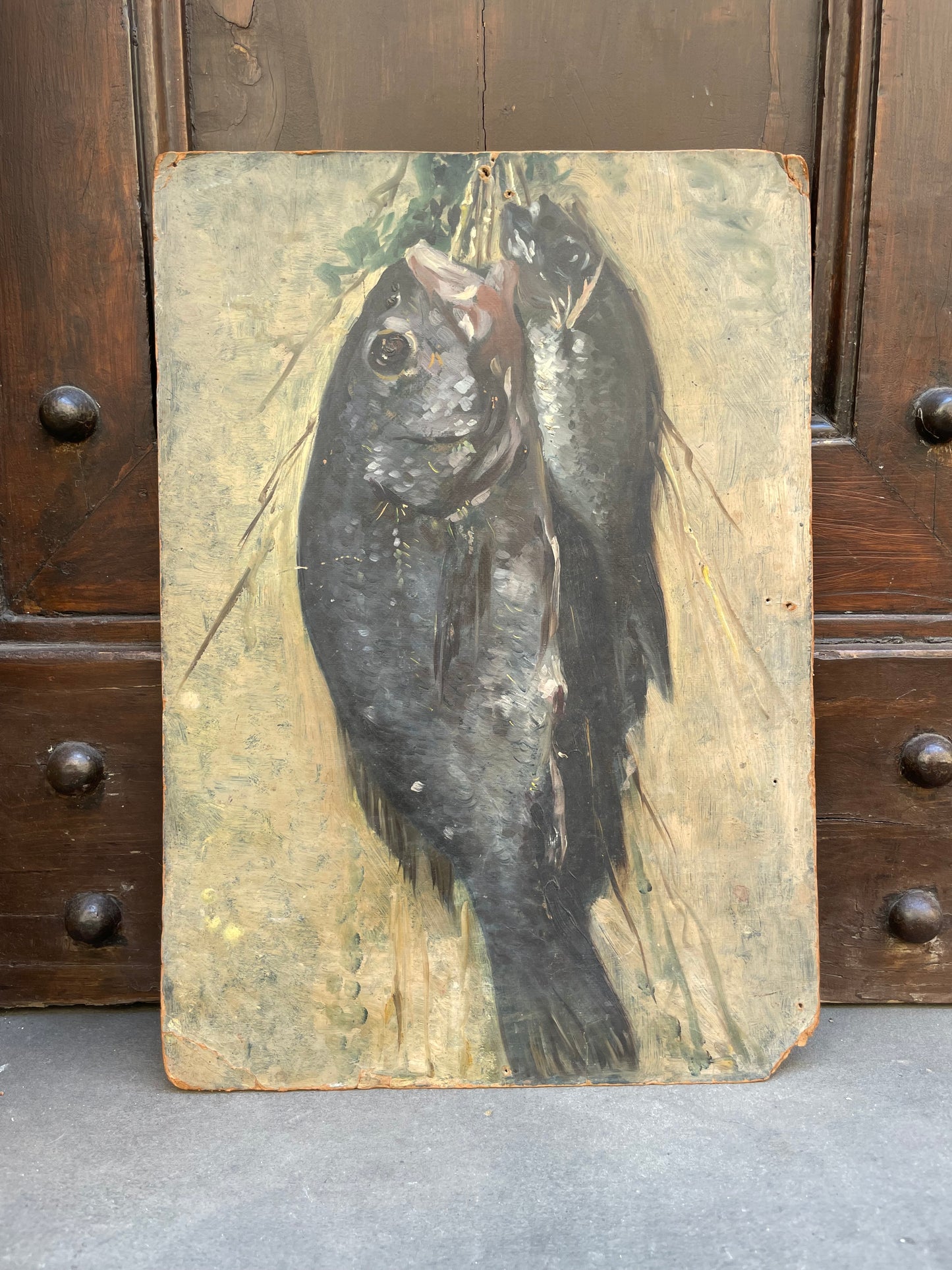 Sketch of freshly caught fish hanging from a string
Oil on cardboard, 34 x 47 cm