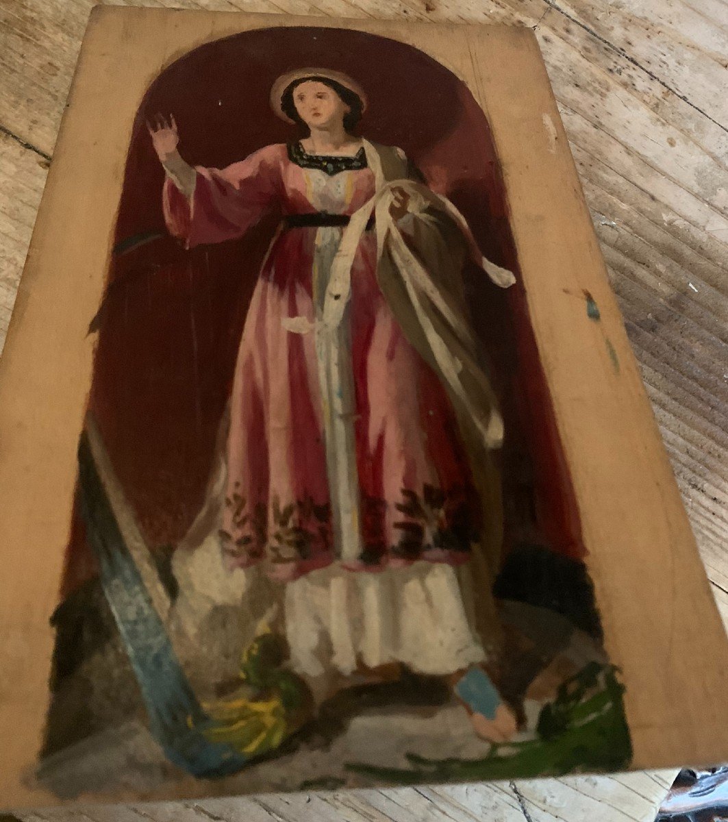 Due schizzi di giovani santi per affreschi. Dipinti su due lati di un pannello di legno.