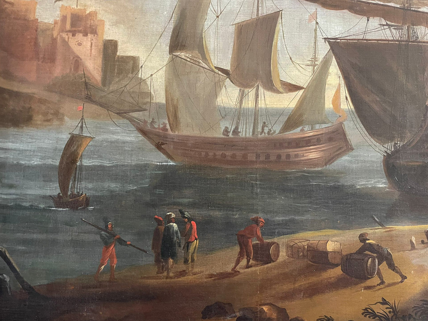 Large Marine painting with Ships in the port.  1690-1720 circa. Cm 110x 118