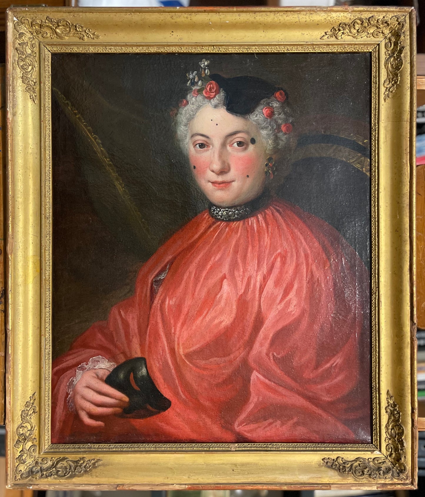 Lady in carnival costume, mask, mouches and tremblants – c. 1730, French school, circle of C.-A. Coypel