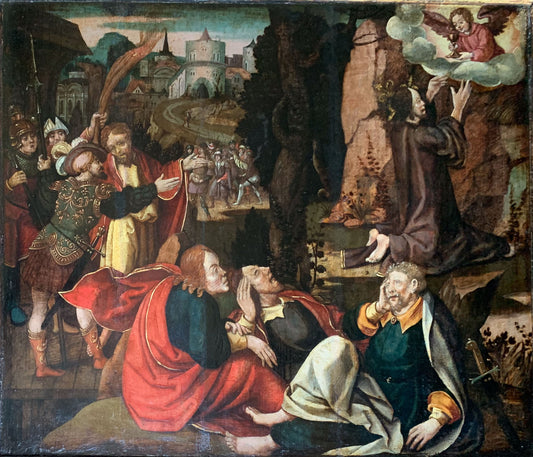 1530 ca. Renaissance painting on oak panel with original XVI century frame. Christ on the Mount of Olives. German school.