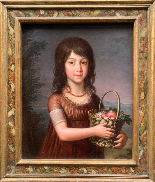 Portrait of a Young Girl with a Basket of Flowers and Coral Necklace, with the Bay of Naples in the Background