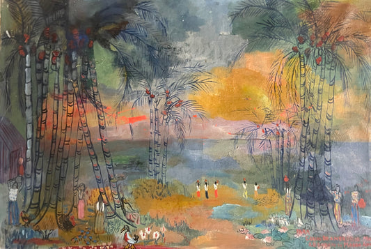 Magda Andrade (Venezuela, 1912 – Paris, 1984). Tropical Magic. Landscape with Palms and Figures