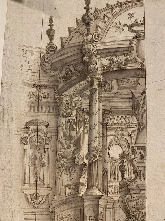 Theatrical scenography, Mausoleum Scena Prima. Entourage by Ferdinando Galli Bibbiena.
