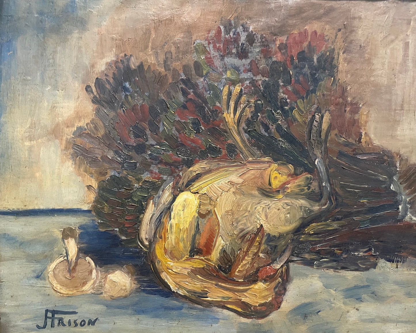 Jehan Frison (1882–1961), Still Life with Rooster and Mushrooms, Belgian Fauvism, 1930s–40s Senza titolo