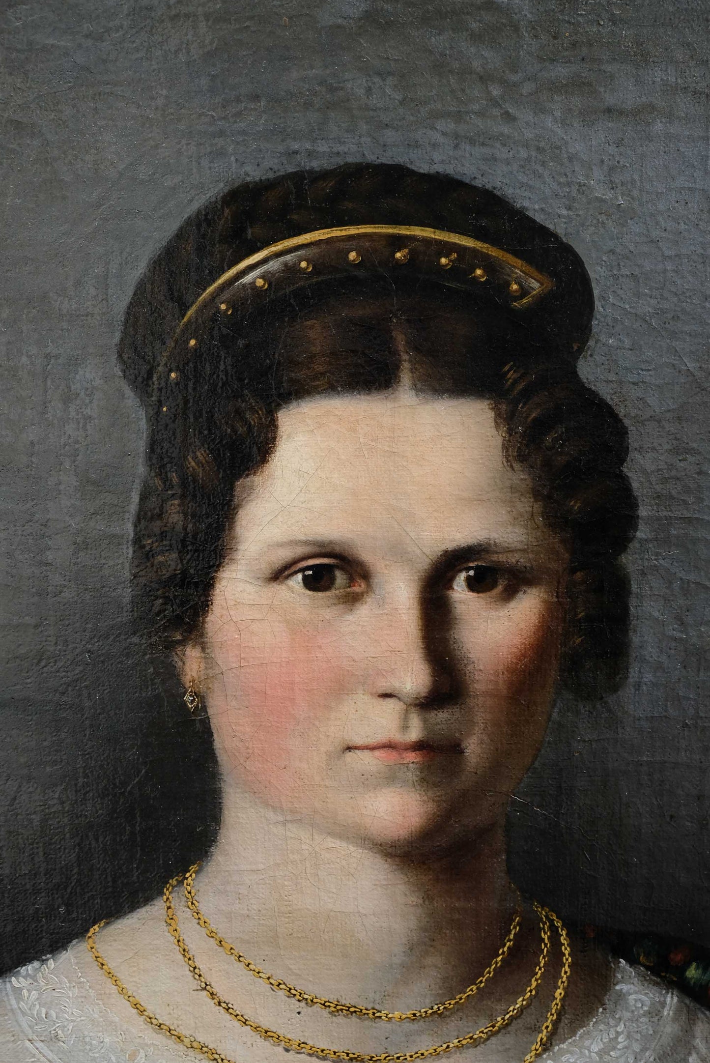 Austrian or Central European School, Portrait of a Lady in White Dress with Floral Shawl and Long Chain with Pendant, ca. 1825–1835
