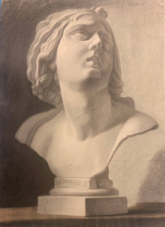 Academic drawing of classical bust sculpture. XIX century