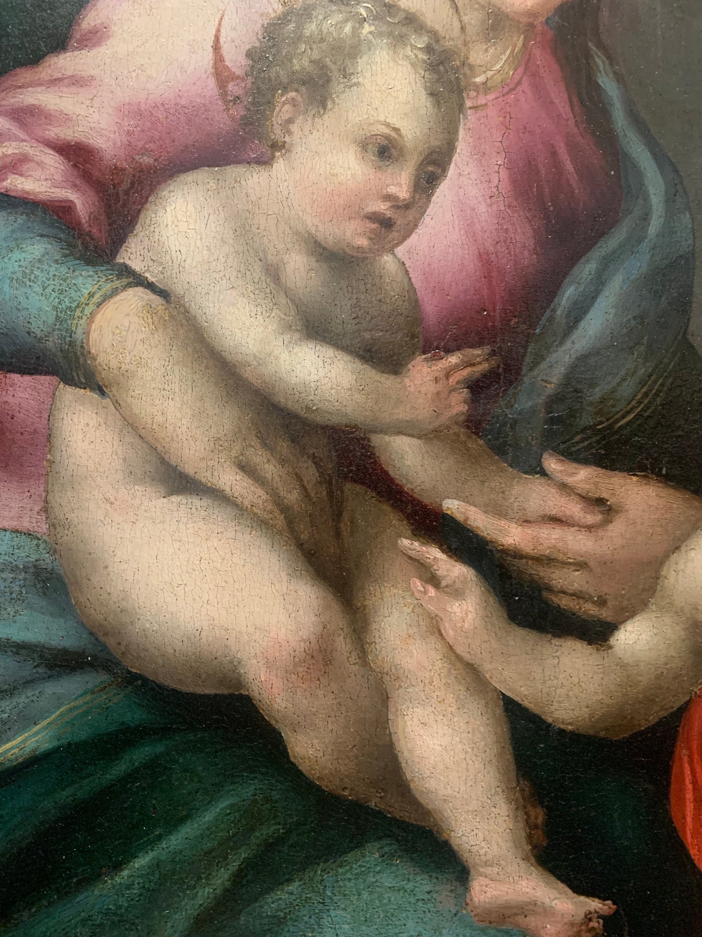 XVI century Tuscan School Madonna and Child with Saint John the Baptist. Maestro di Volterra.