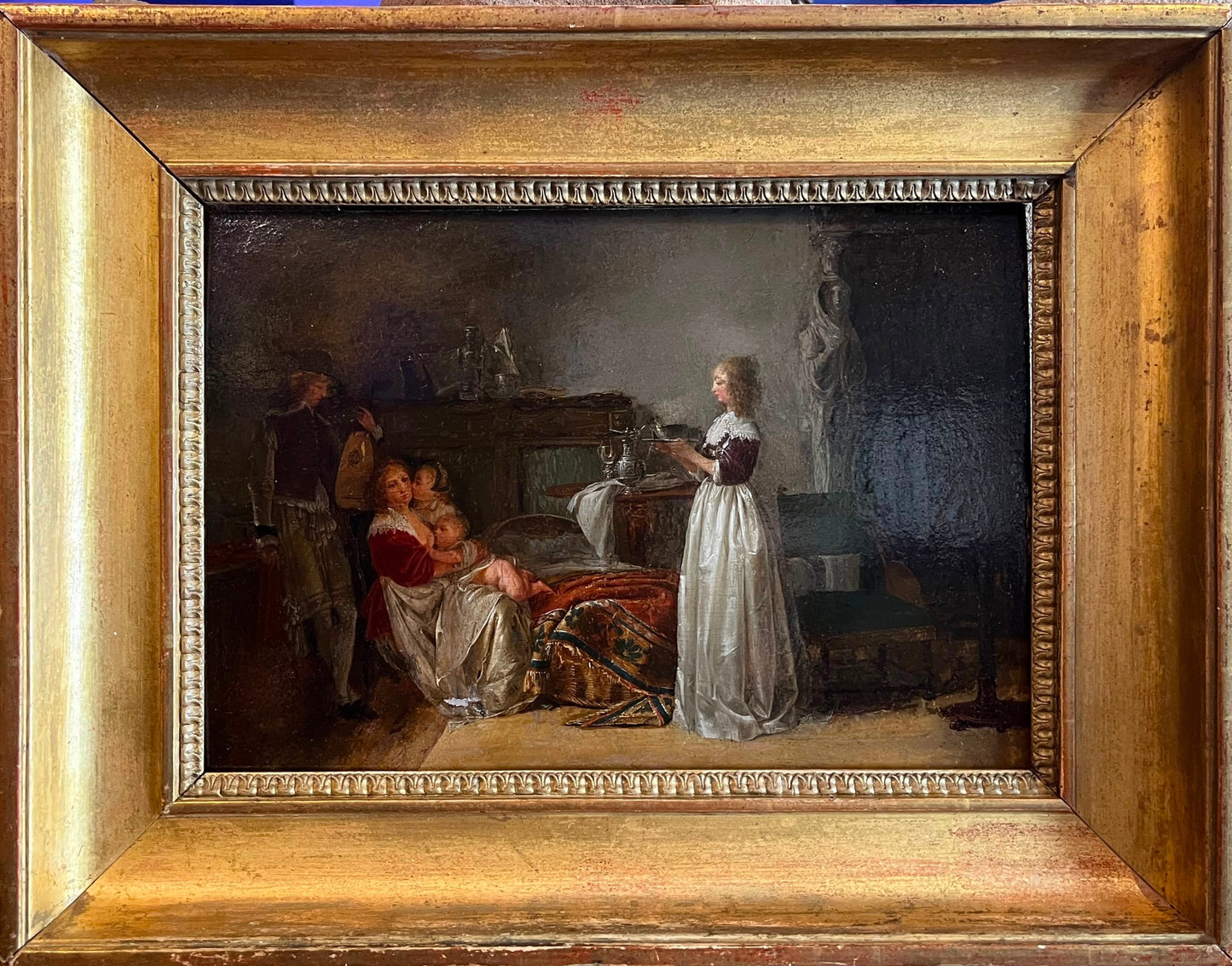 Jean-Baptiste Mallet (1759–1835), attribuito – Interno seicentesco con madre, bambini e musico con liuto