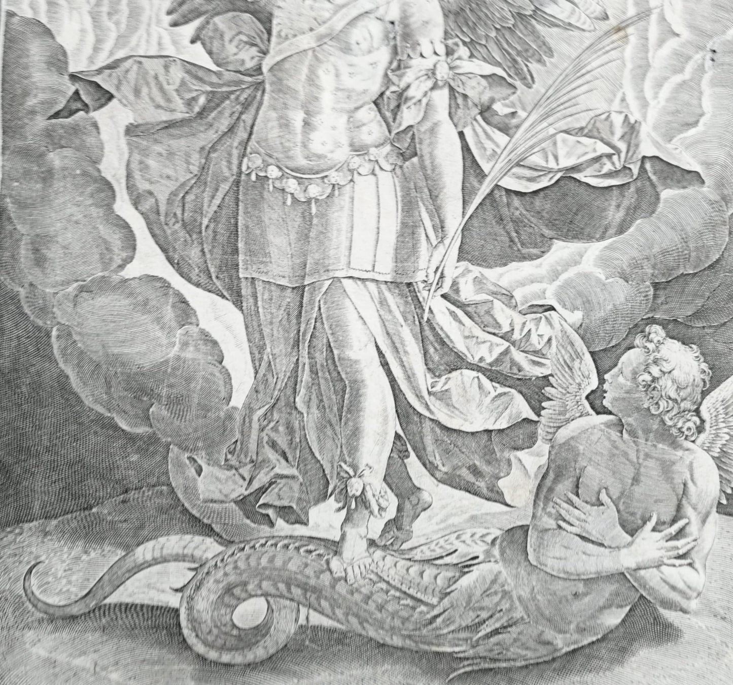 Sadeler Engraving after Maarten de Vos – Saint Michael and the Dragon, 16th C.