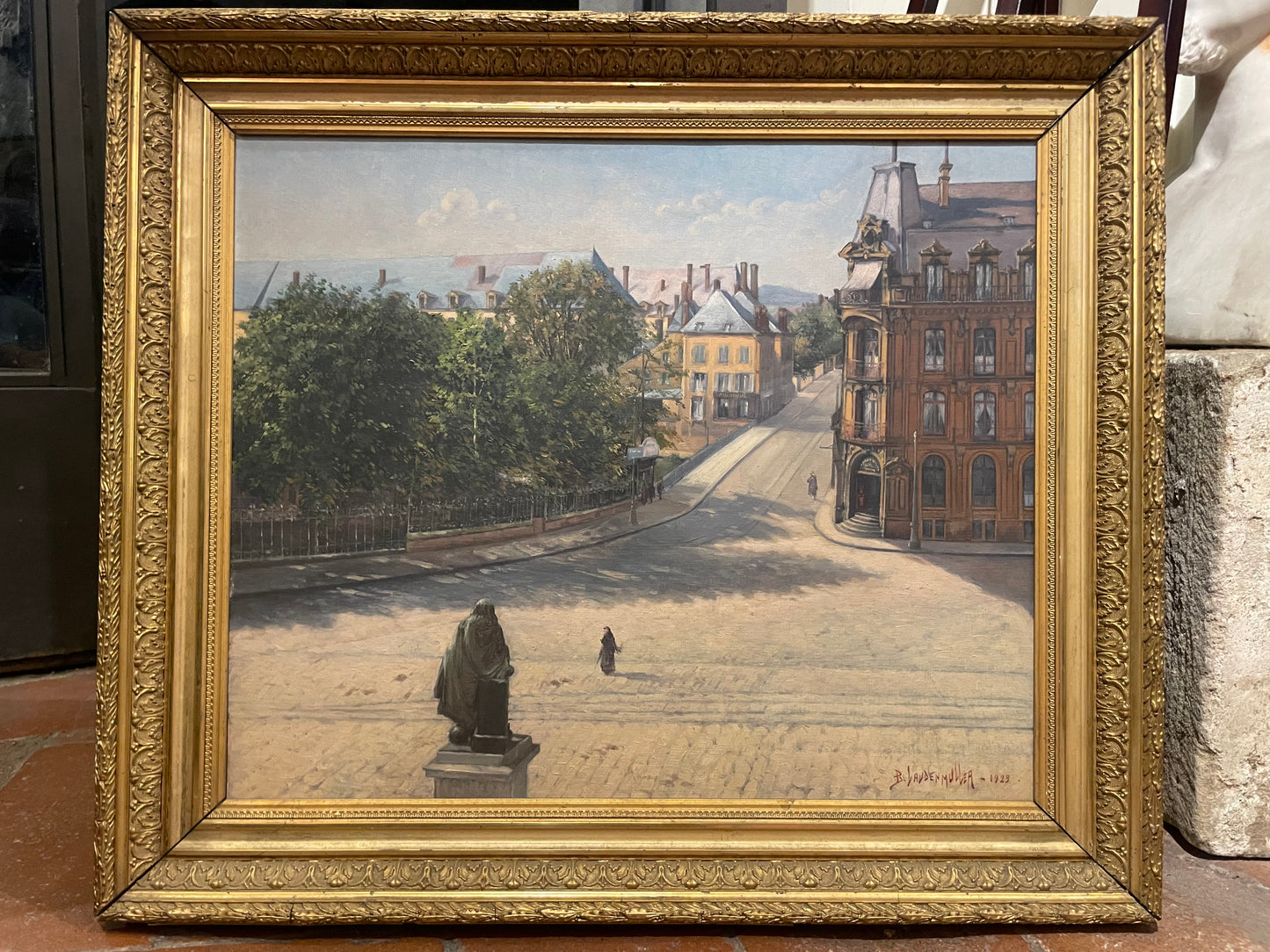 View of a French Belle Époque city with bridge and monument, 1923, cm 68 × 58 cm