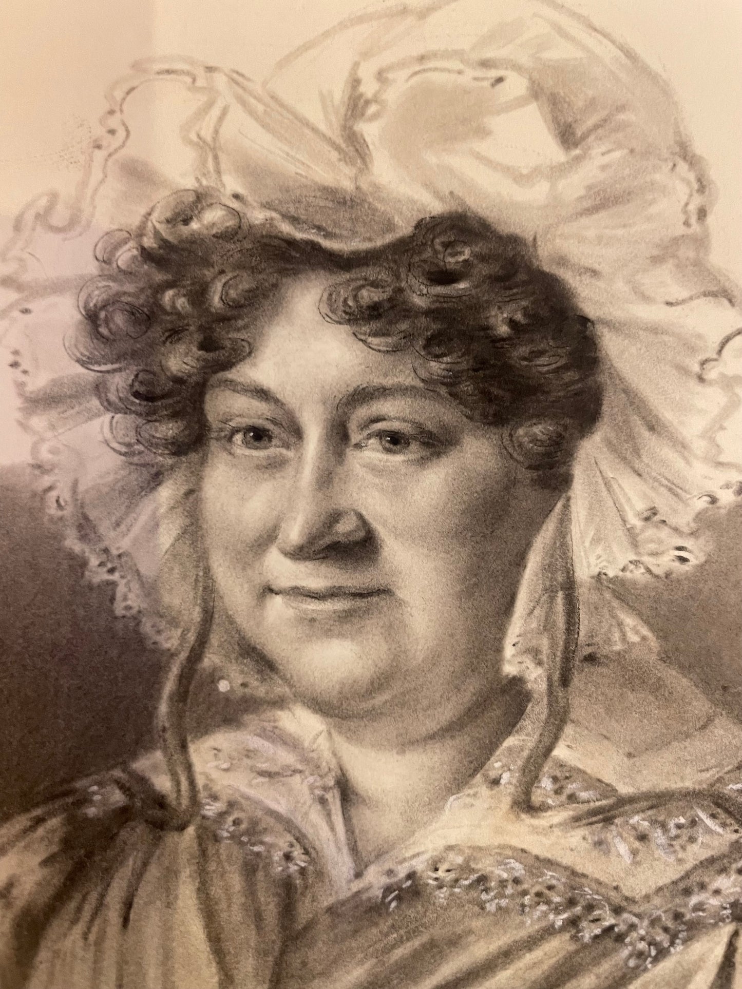 Ritratto a carboncino di dama con la cuffia . Circa 1830