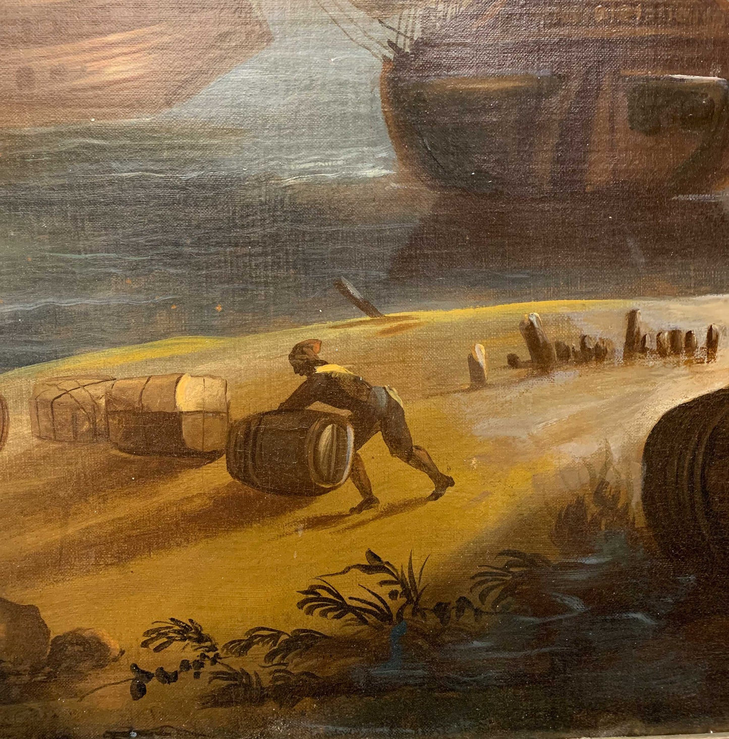 Large Marine painting with Ships in the port.  1690-1720 circa. Cm 110x 118