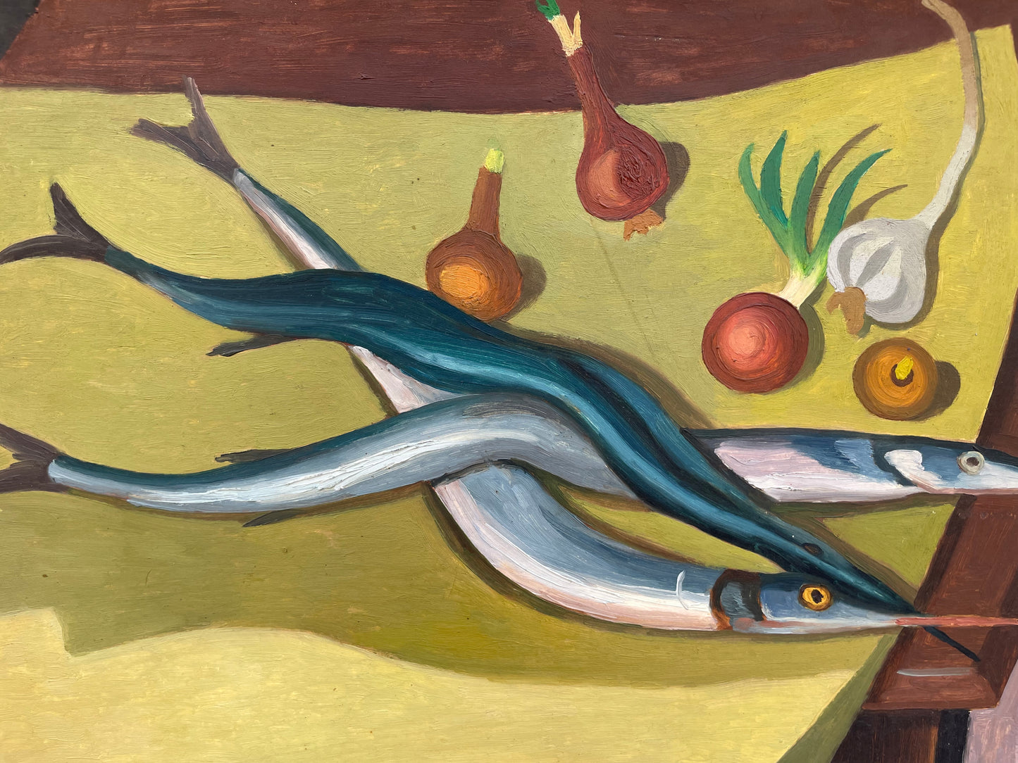 Still life with needlefish, Jean Lachaud, Breton painter from Quimper.