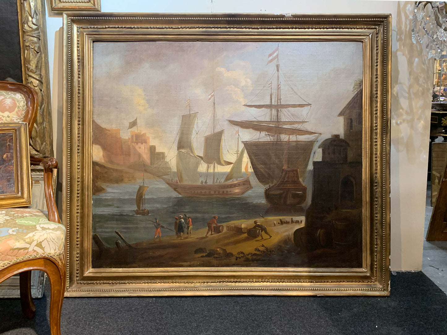 Large Marine painting with Ships in the port.  1690-1720 circa. Cm 110x 118