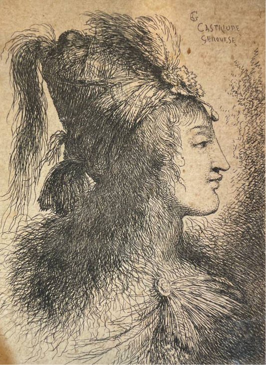 RISERVATO Giovanni Benedetto Castiglione, called Il Grechetto (Genoa 1609 – Mantua 1664). Engraving. Head of young man with cap.