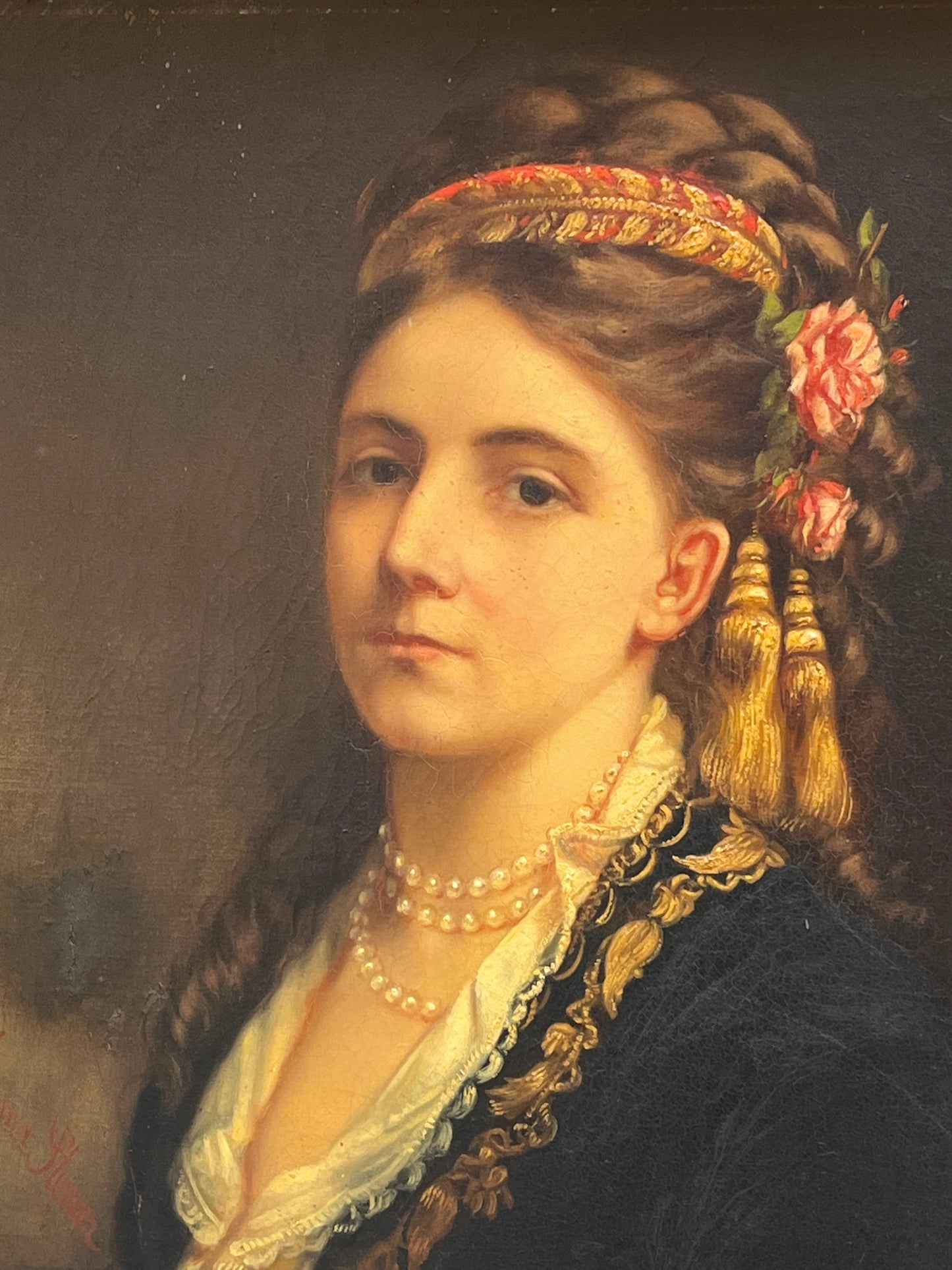 Ritratto di giovane donna in costume balcanico di influenza ottomana, firmato Emma Sterrer, ca. 1880