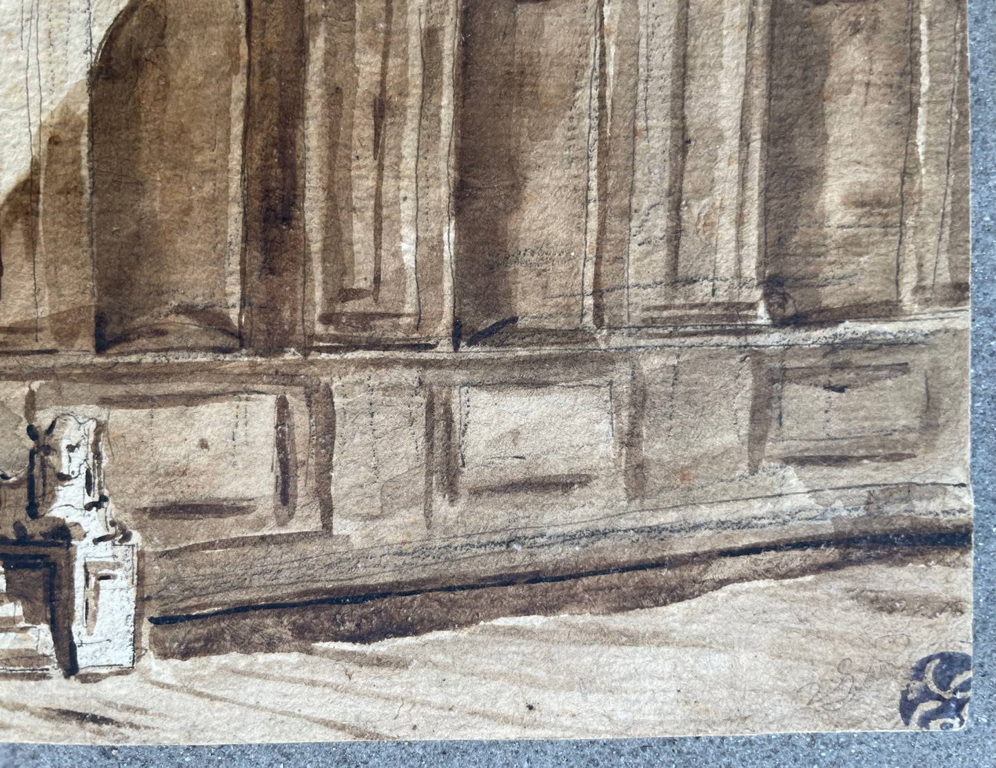 Scenografia architettonica con monumento a trofei, moro prigioniero e leoni. Amb. Fontanesi