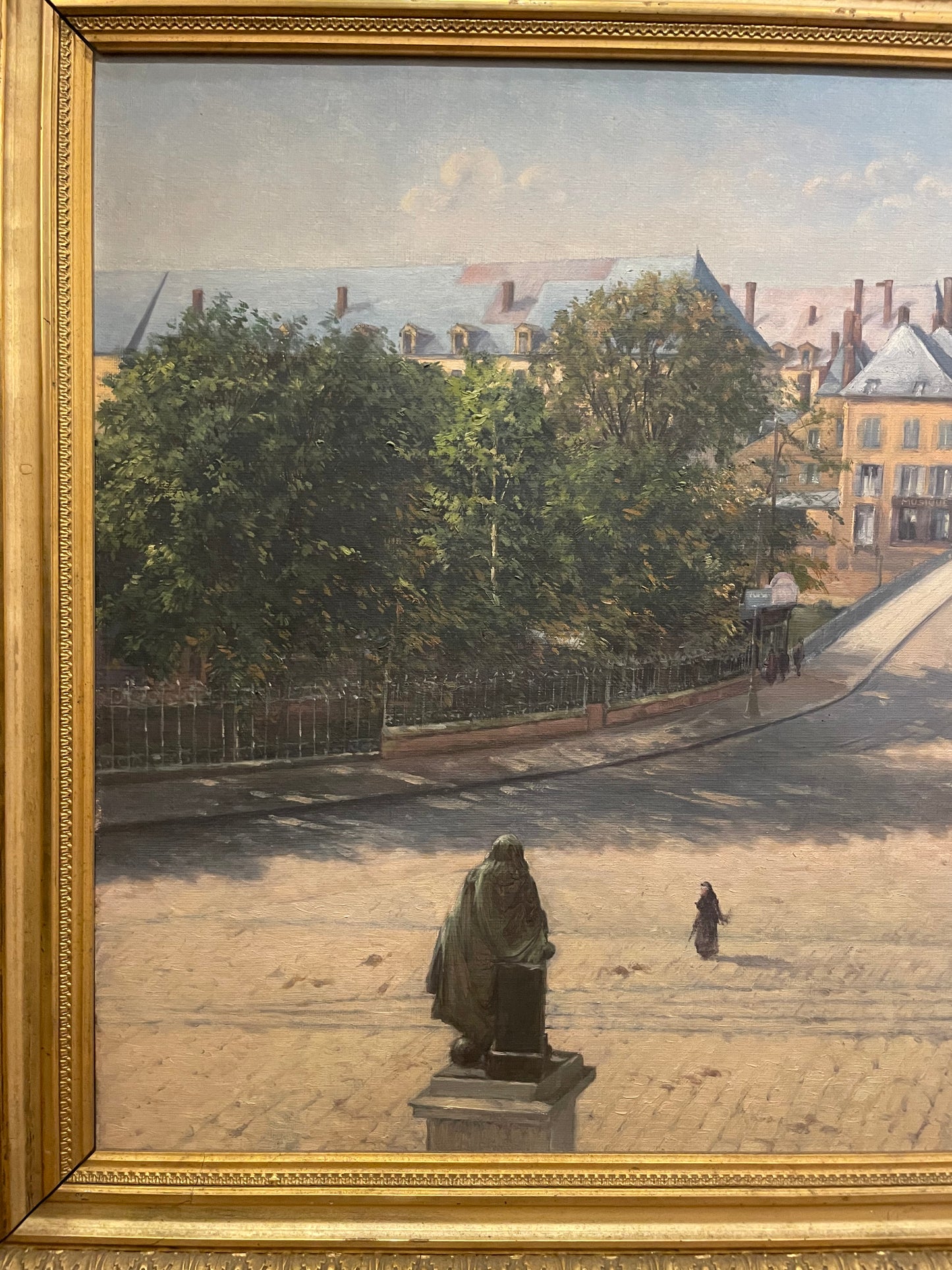 View of a French Belle Époque city with bridge and monument, 1923, cm 68 × 58 cm