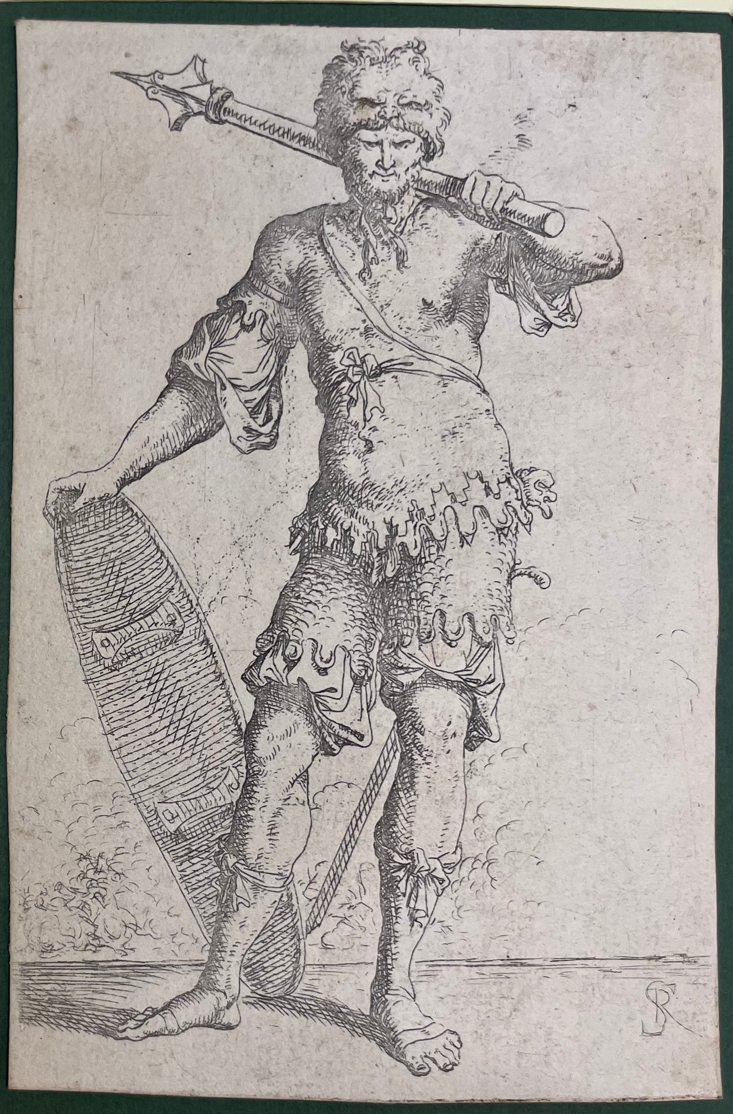 Salvator Rosa (Naples, 1615 – Rome, 1673). Warrior with Mace and Shield. Engraving, circa 1650–1652.
