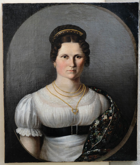 Austrian or Central European School, Portrait of a Lady in White Dress with Floral Shawl and Long Chain with Pendant, ca. 1825–1835