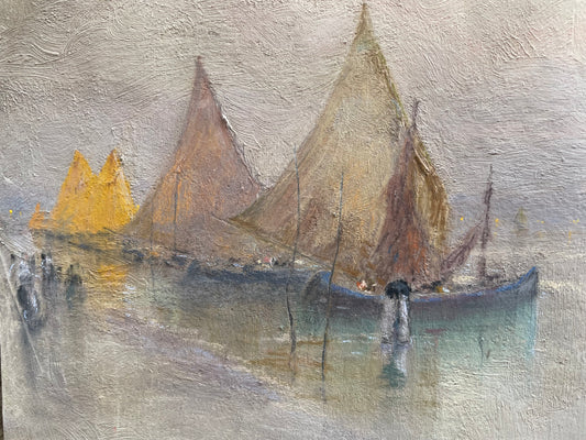 Nicola Fabbricatore (Naples 1888 – Rome 1962). View of boats in Venice at dawn