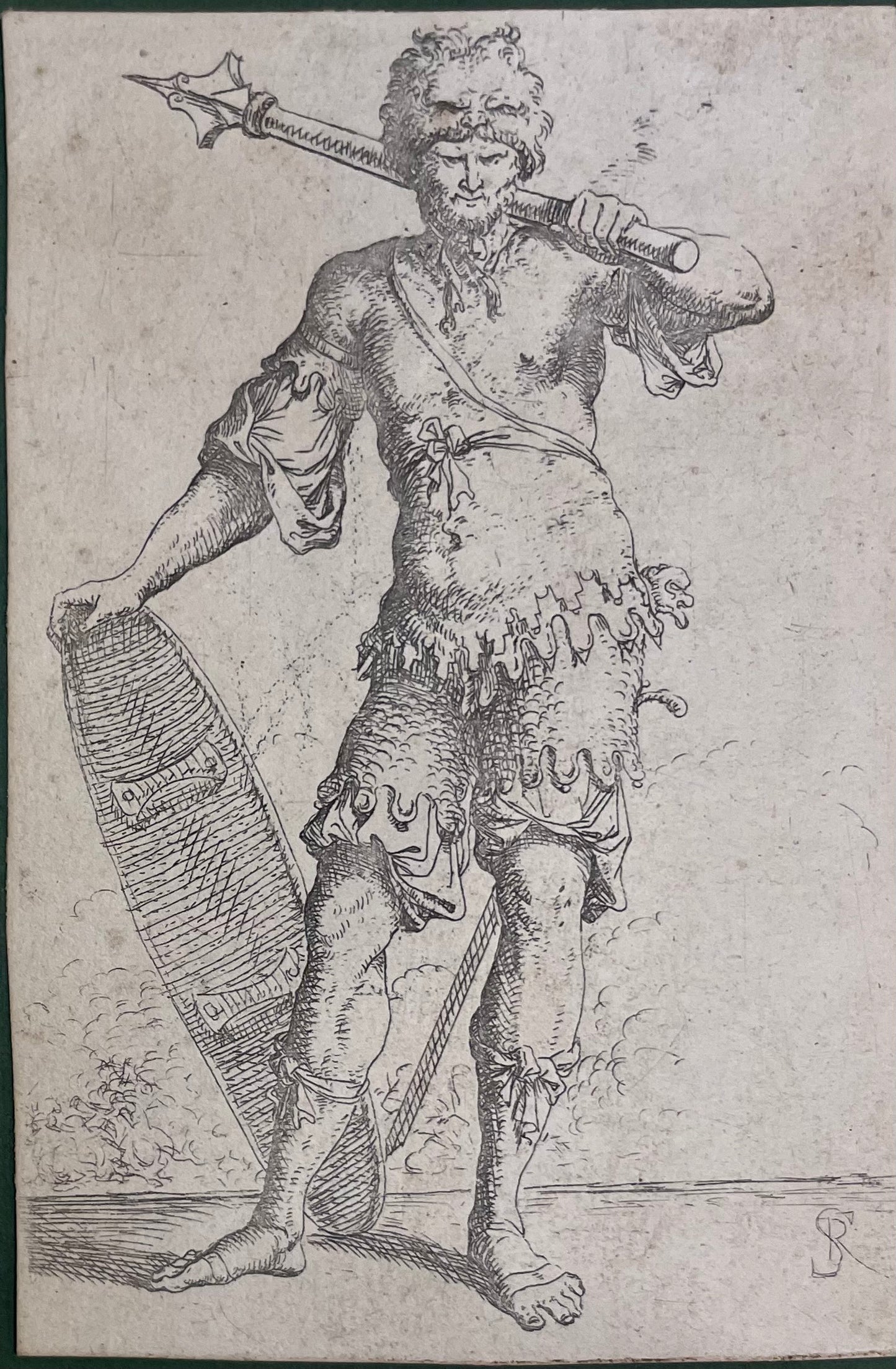 Salvator Rosa (Naples, 1615 – Rome, 1673). Warrior with Mace and Shield. Engraving, circa 1650–1652.