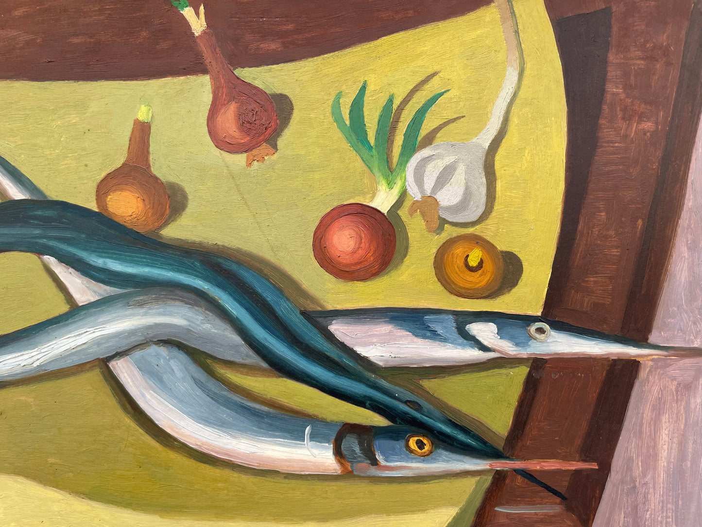 Still life with needlefish, Jean Lachaud, Breton painter from Quimper.