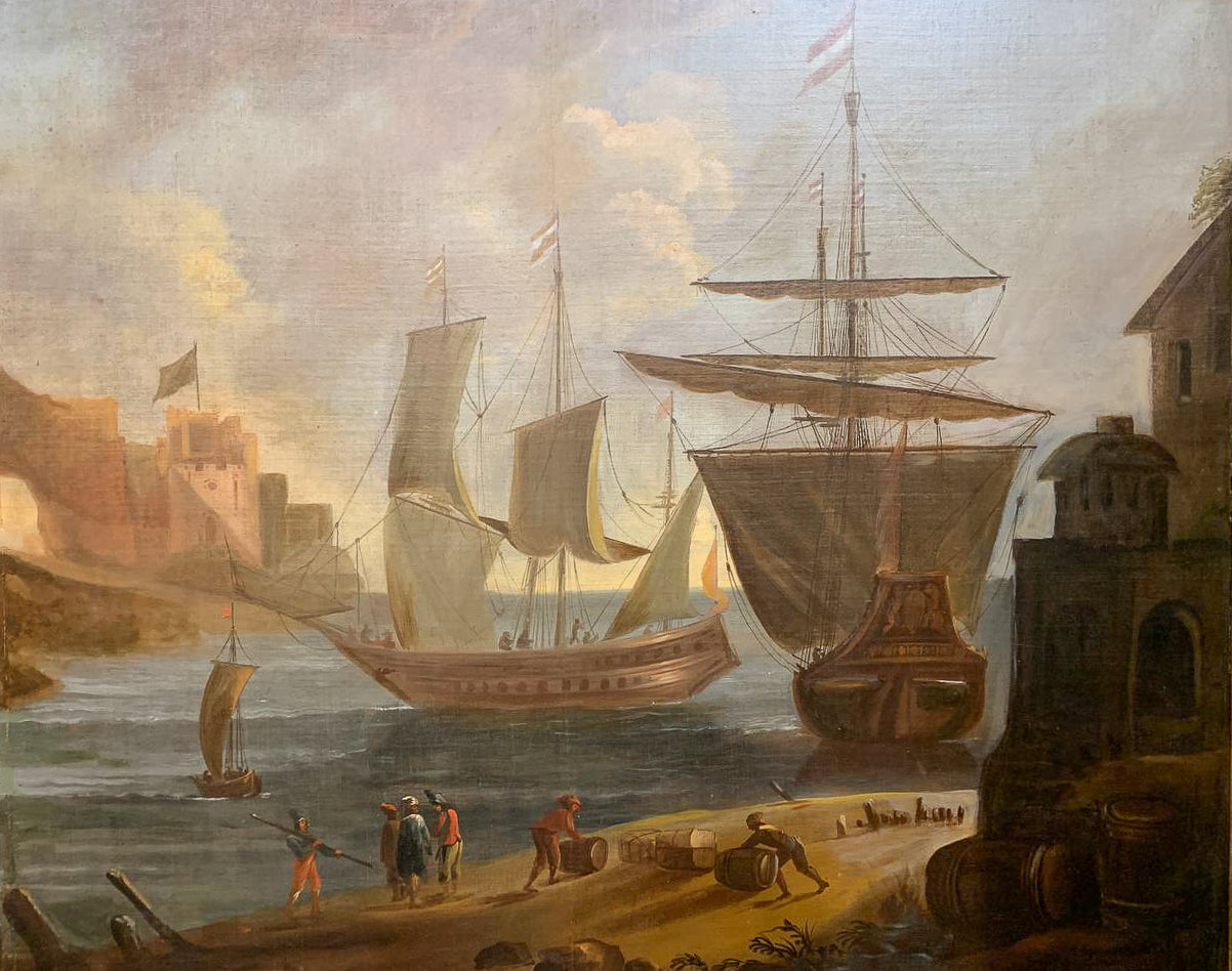 Large Marine painting with Ships in the port.  1690-1720 circa. Cm 110x 118