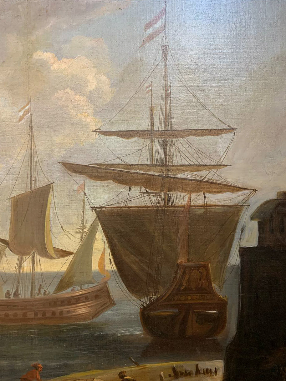Large Marine painting with Ships in the port.  1690-1720 circa. Cm 110x 118