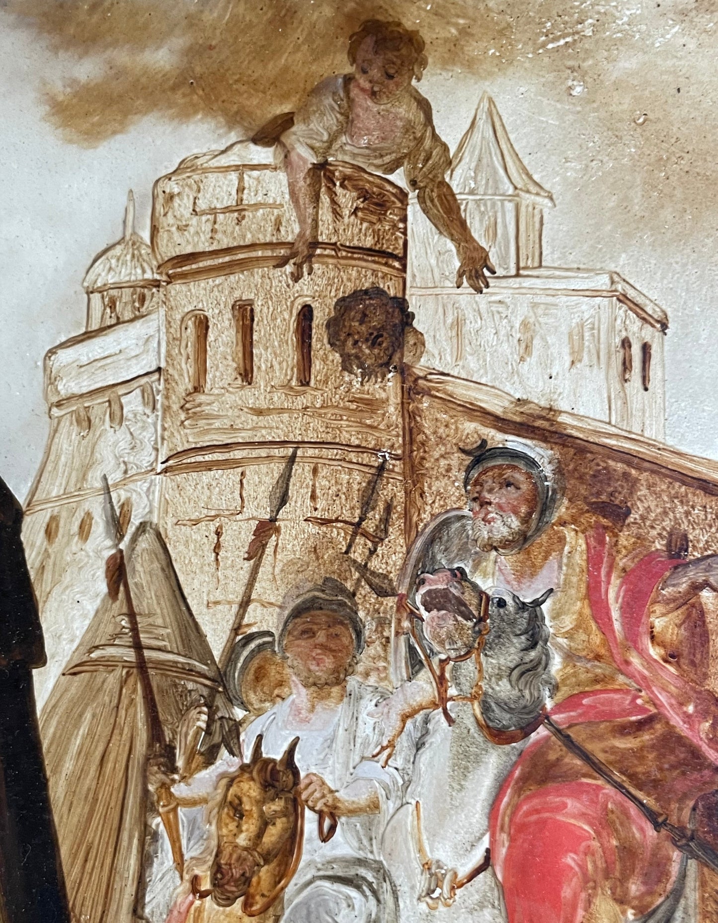 Dipinto sottovetro con scena di assedio, cavalieri e tende militari, XVIII secolo, Venezia (?)