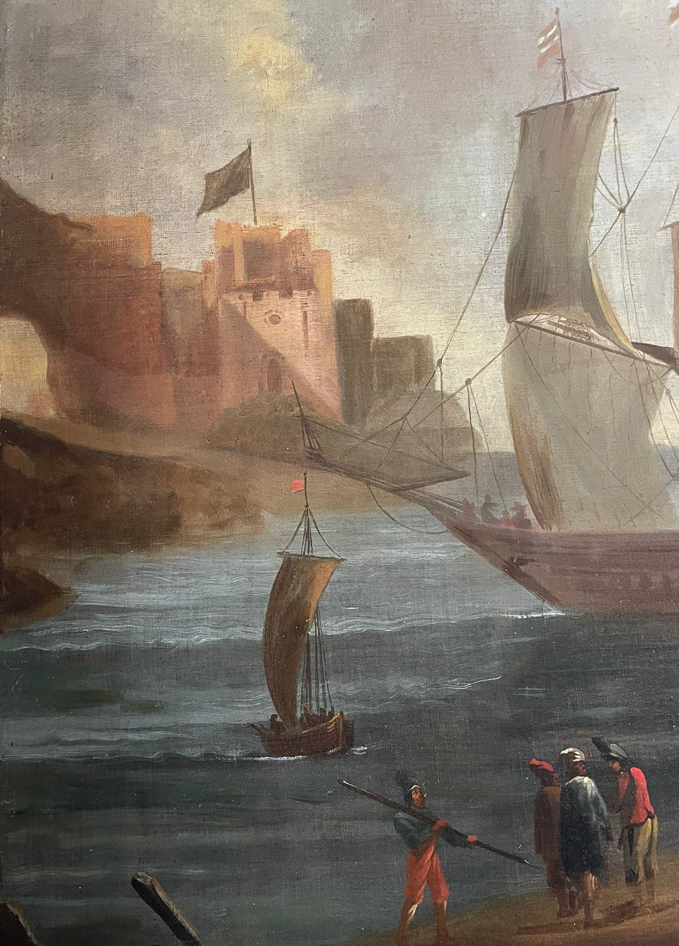 Large Marine painting with Ships in the port.  1690-1720 circa. Cm 110x 118