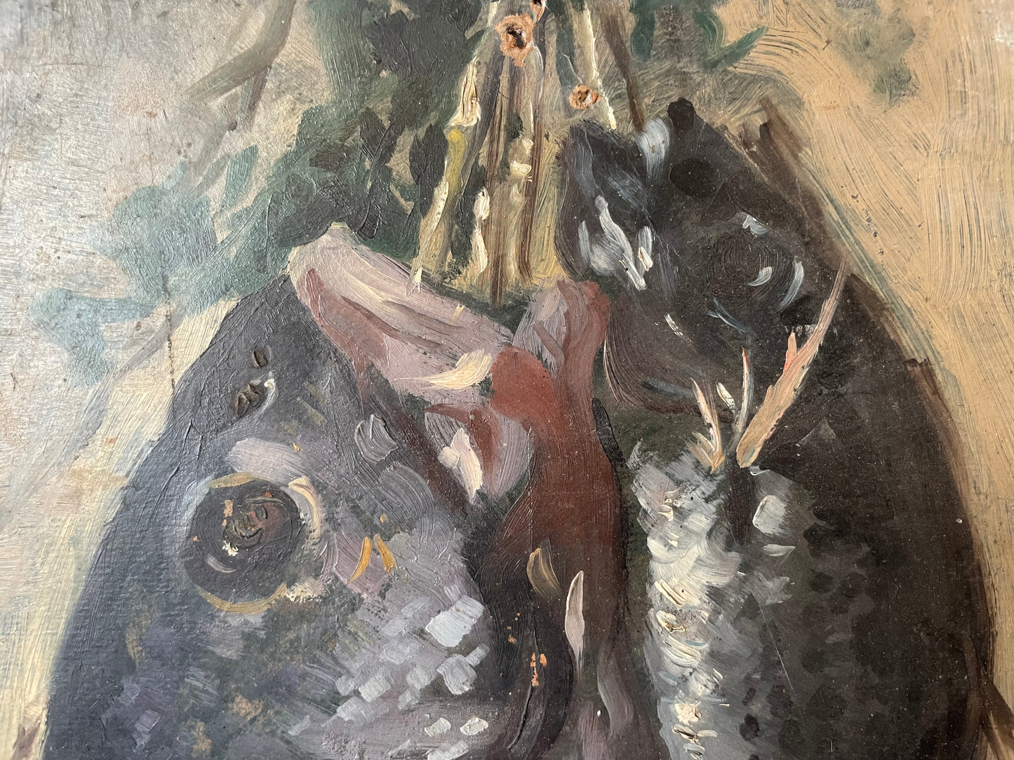 Sketch of freshly caught fish hanging from a string
Oil on cardboard, 34 x 47 cm