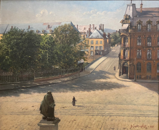 View of a French Belle Époque city with bridge and monument, 1923, cm 68 × 58 cm