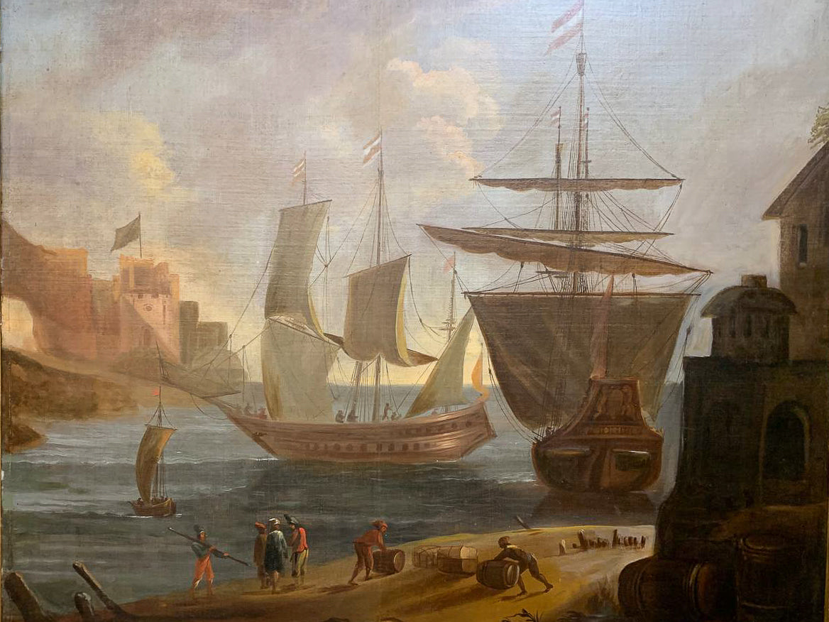 Large Marine painting with Ships in the port.  1690-1720 circa. Cm 110x 118