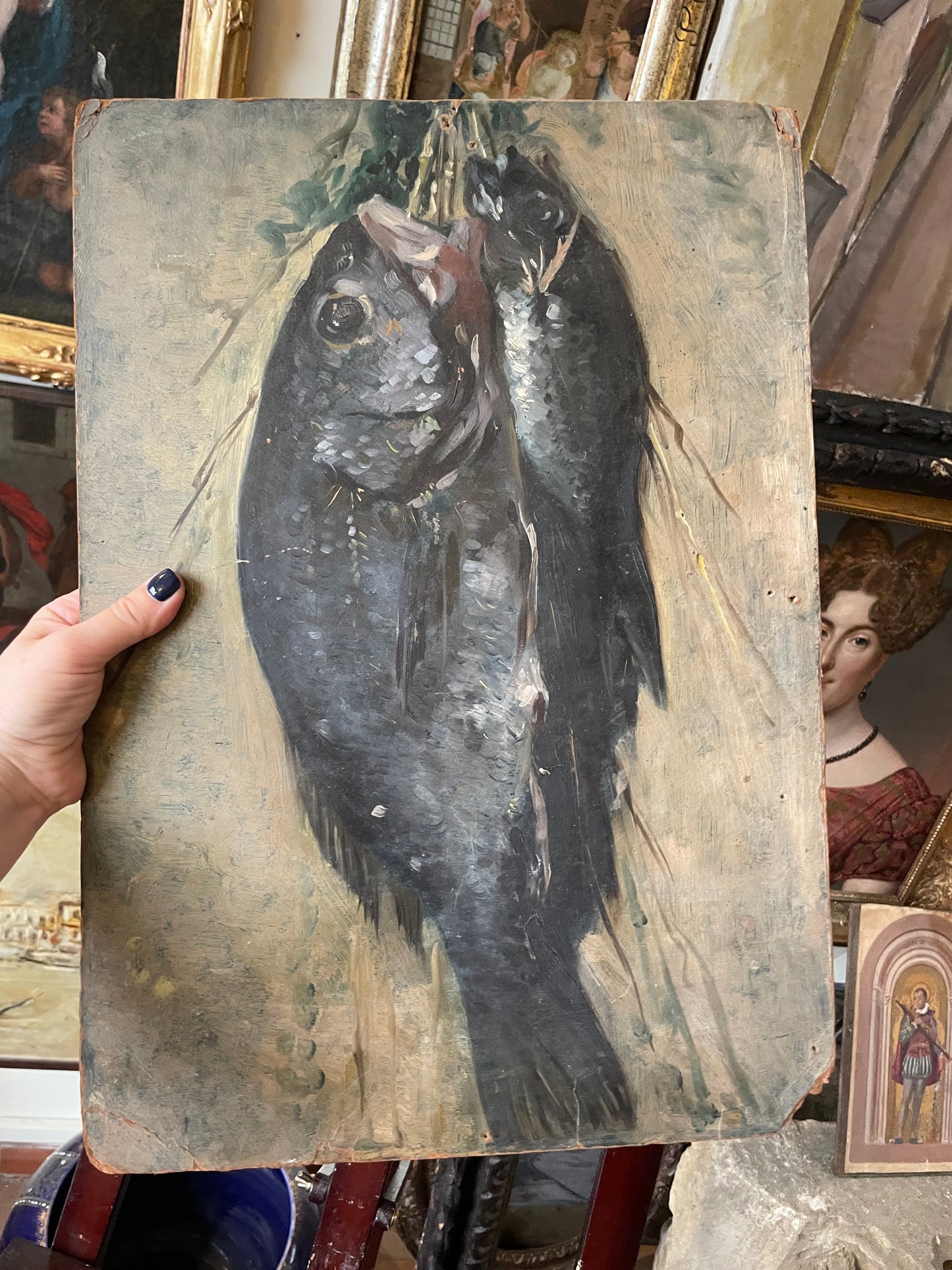 Sketch of freshly caught fish hanging from a string
Oil on cardboard, 34 x 47 cm