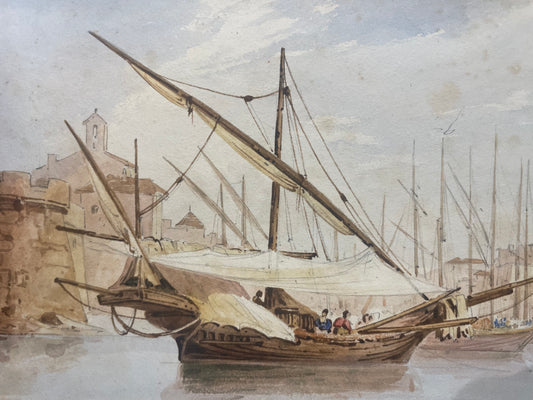 Orientalist harbour views with lateen-rigged boats and figures in Levantine costumes, pair of 19th-century Watercolours