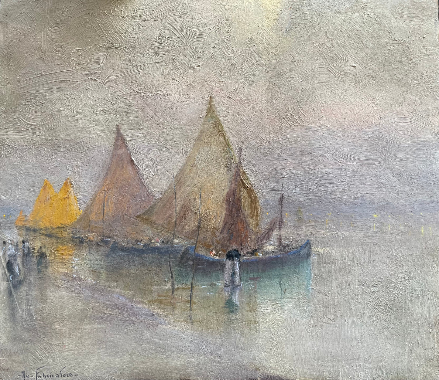 Nicola Fabbricatore (Naples 1888 – Rome 1962). View of boats in Venice at dawn