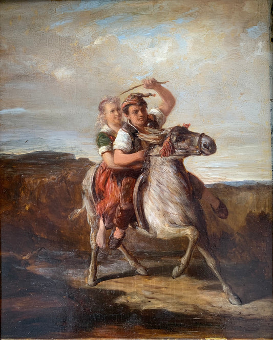The Runaways, or Swiss boy on Donkey. Attributed to Joseph Hornung. Mid XIX century.