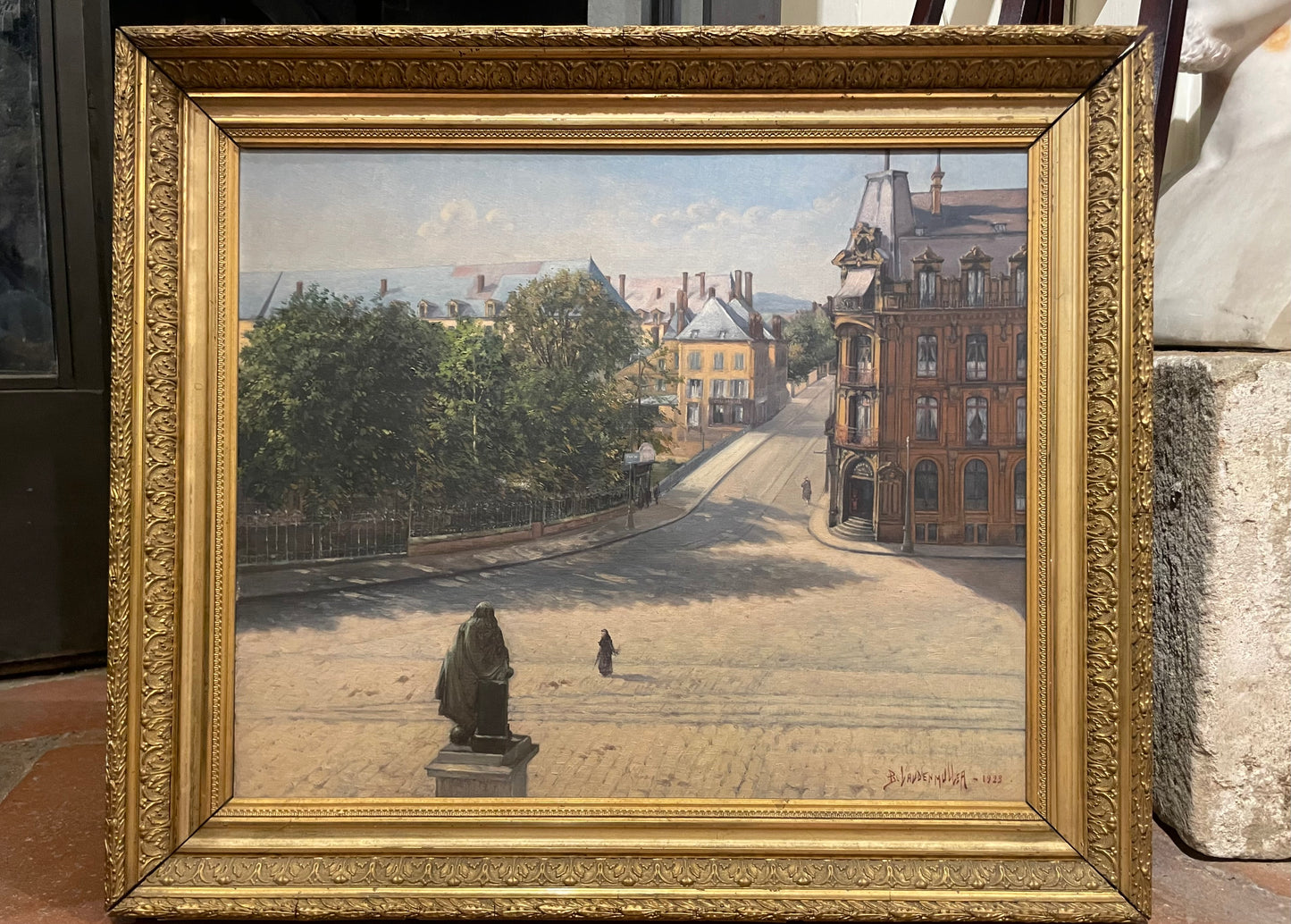 View of a French Belle Époque city with bridge and monument, 1923, cm 68 × 58 cm