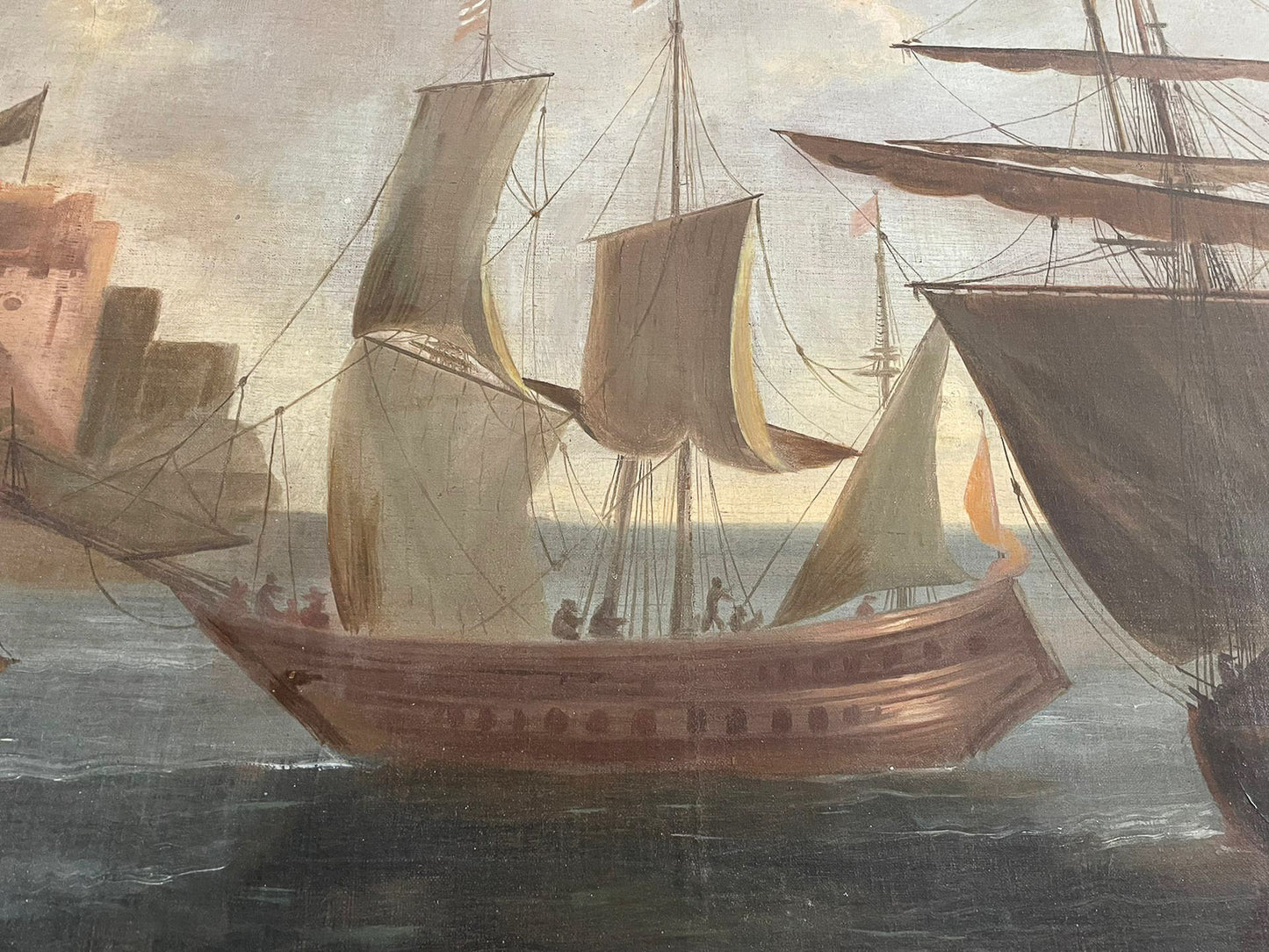 Large Marine painting with Ships in the port.  1690-1720 circa. Cm 110x 118