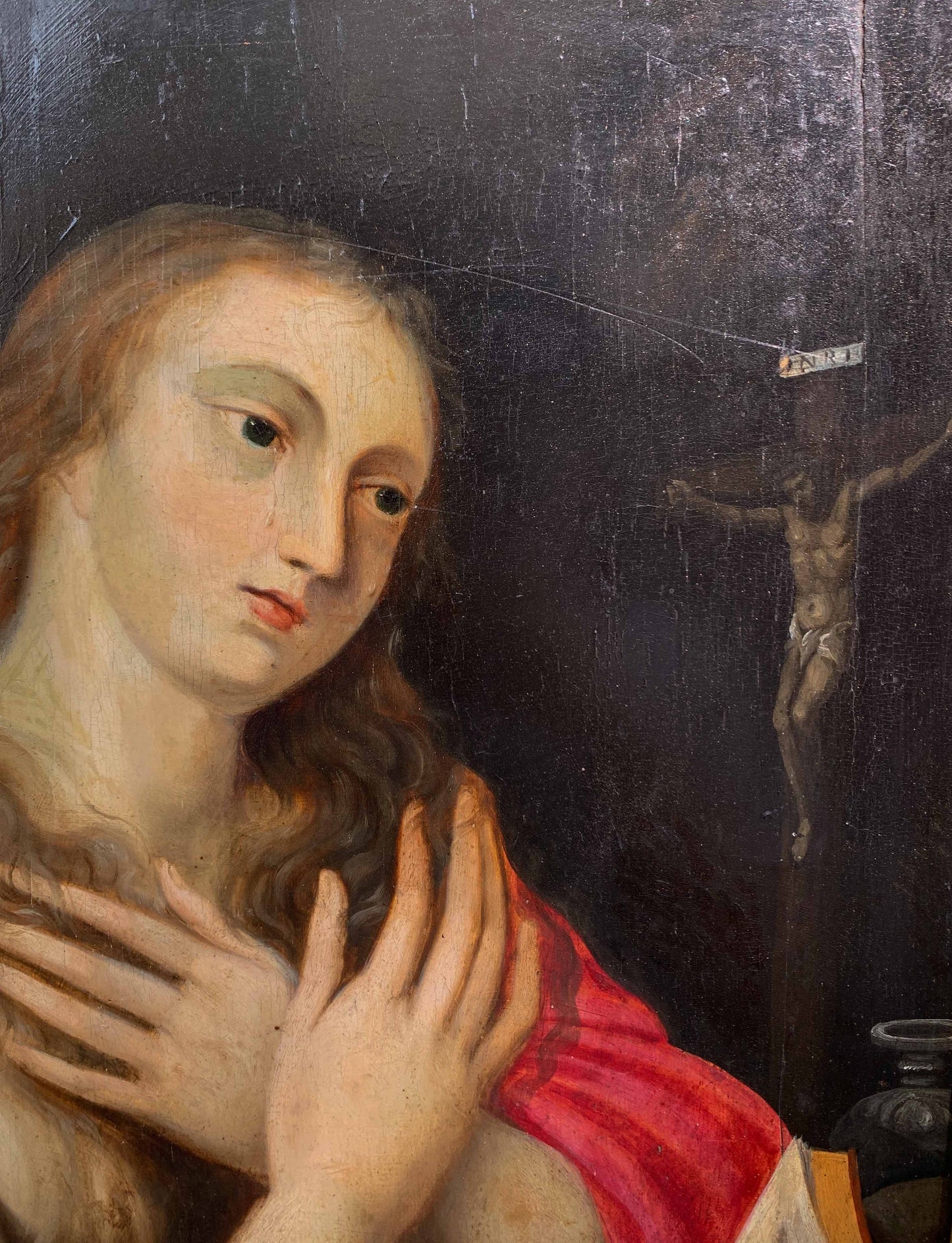 Penitent Mary Magdalene on oak panel with atelier drawings and paper collage on the reverse. Flemish or Dutch school, 17th century