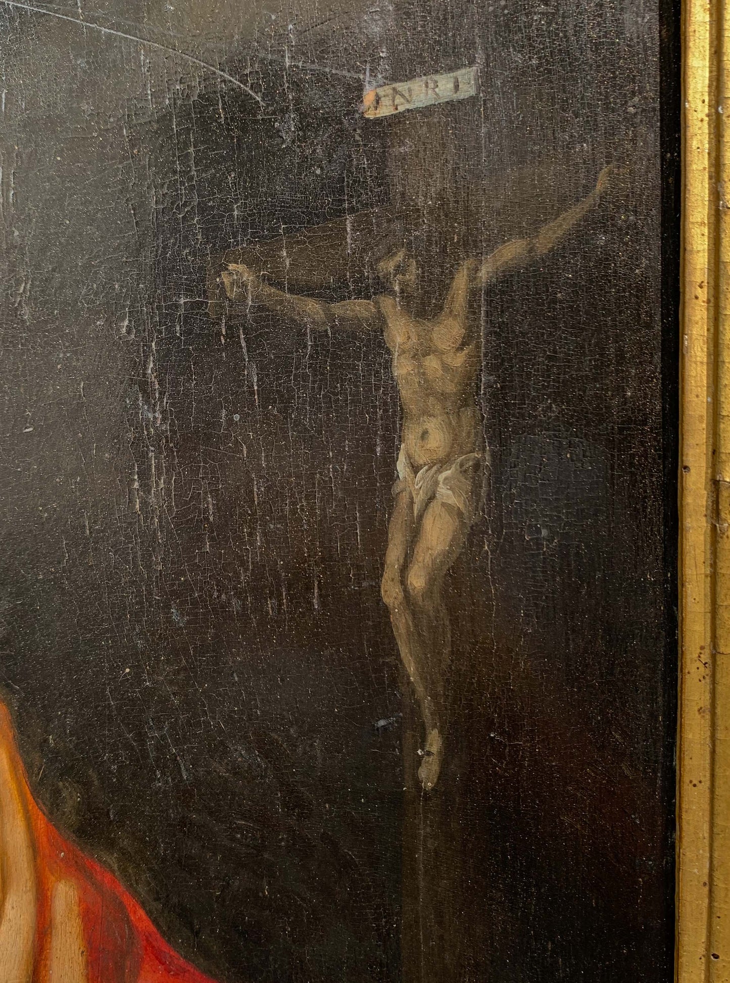 Penitent Mary Magdalene on oak panel with atelier drawings and paper collage on the reverse. Flemish or Dutch school, 17th century