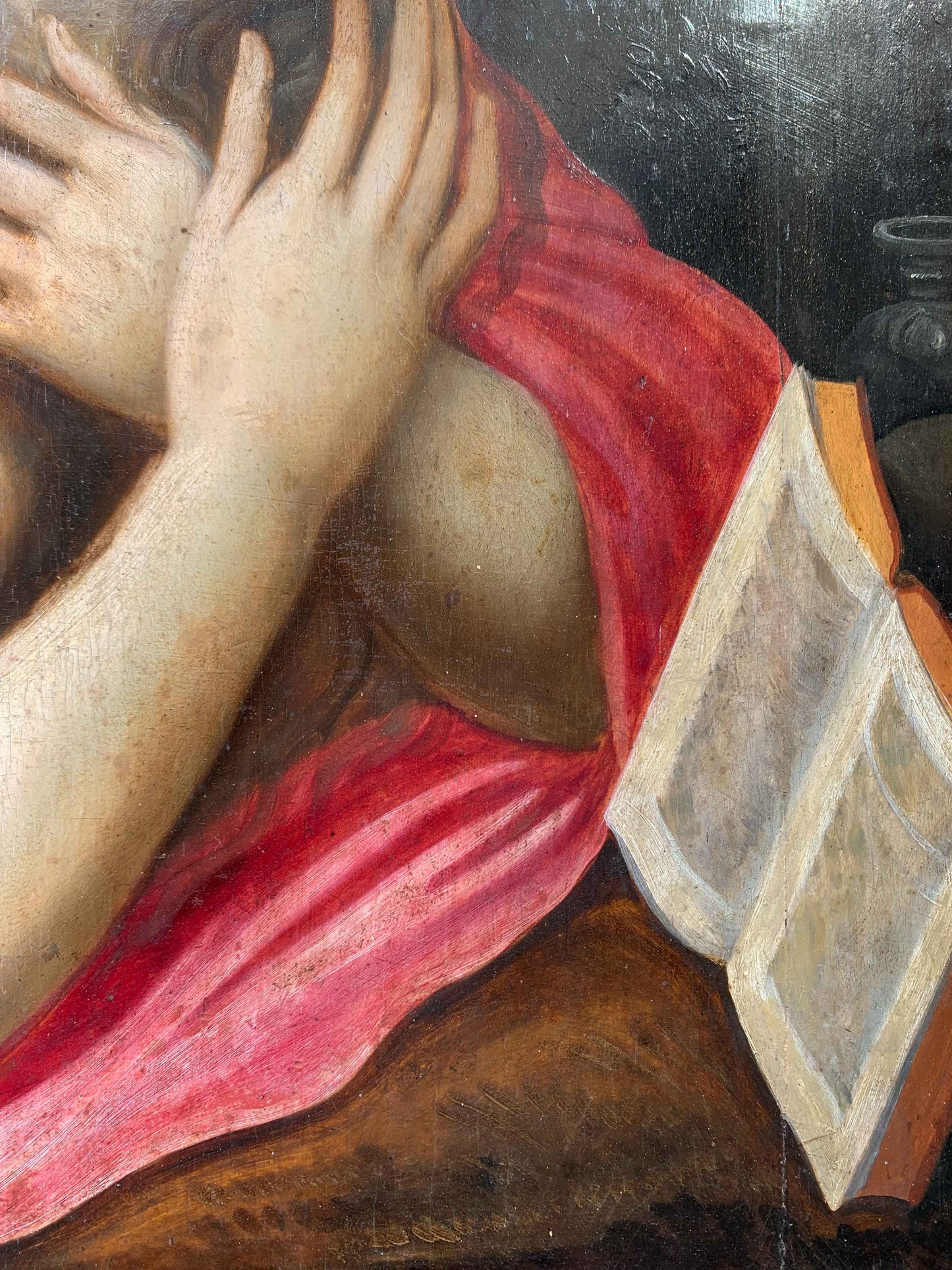Penitent Mary Magdalene on oak panel with atelier drawings and paper collage on the reverse. Flemish or Dutch school, 17th century