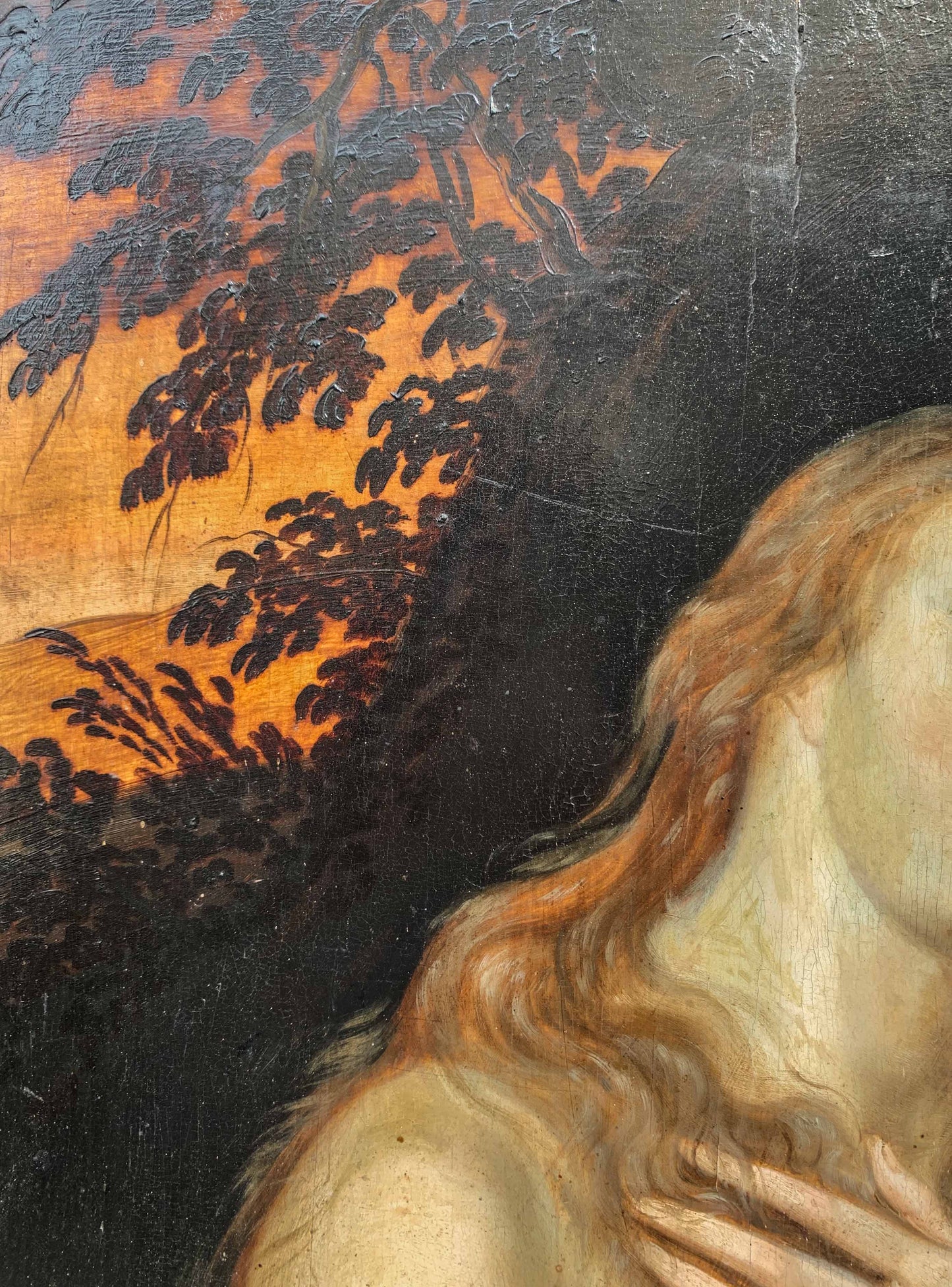 Penitent Mary Magdalene on oak panel with atelier drawings and paper collage on the reverse. Flemish or Dutch school, 17th century