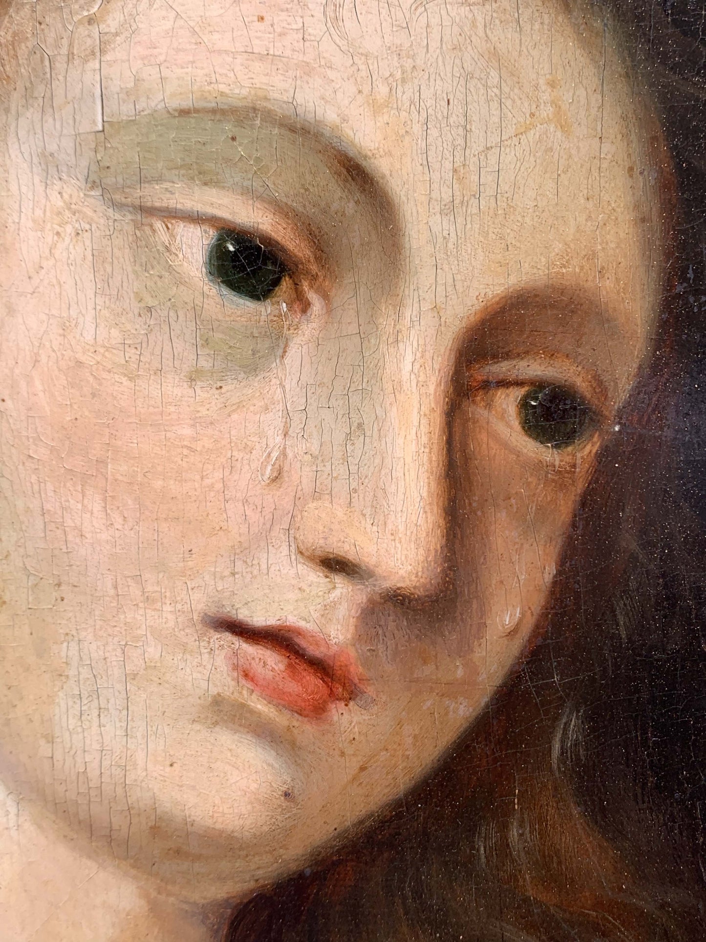 Penitent Mary Magdalene on oak panel with atelier drawings and paper collage on the reverse. Flemish or Dutch school, 17th century